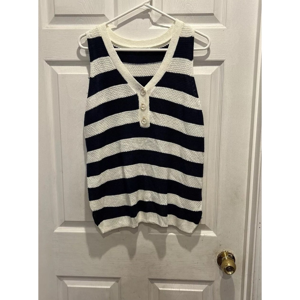 Staccato Womens Navy Blue White Striped Henley V-Neck Knit Sweater Vest Large